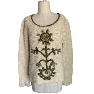 VTG Wool 70s knit sweater top floral design cream brown boho cottage country set